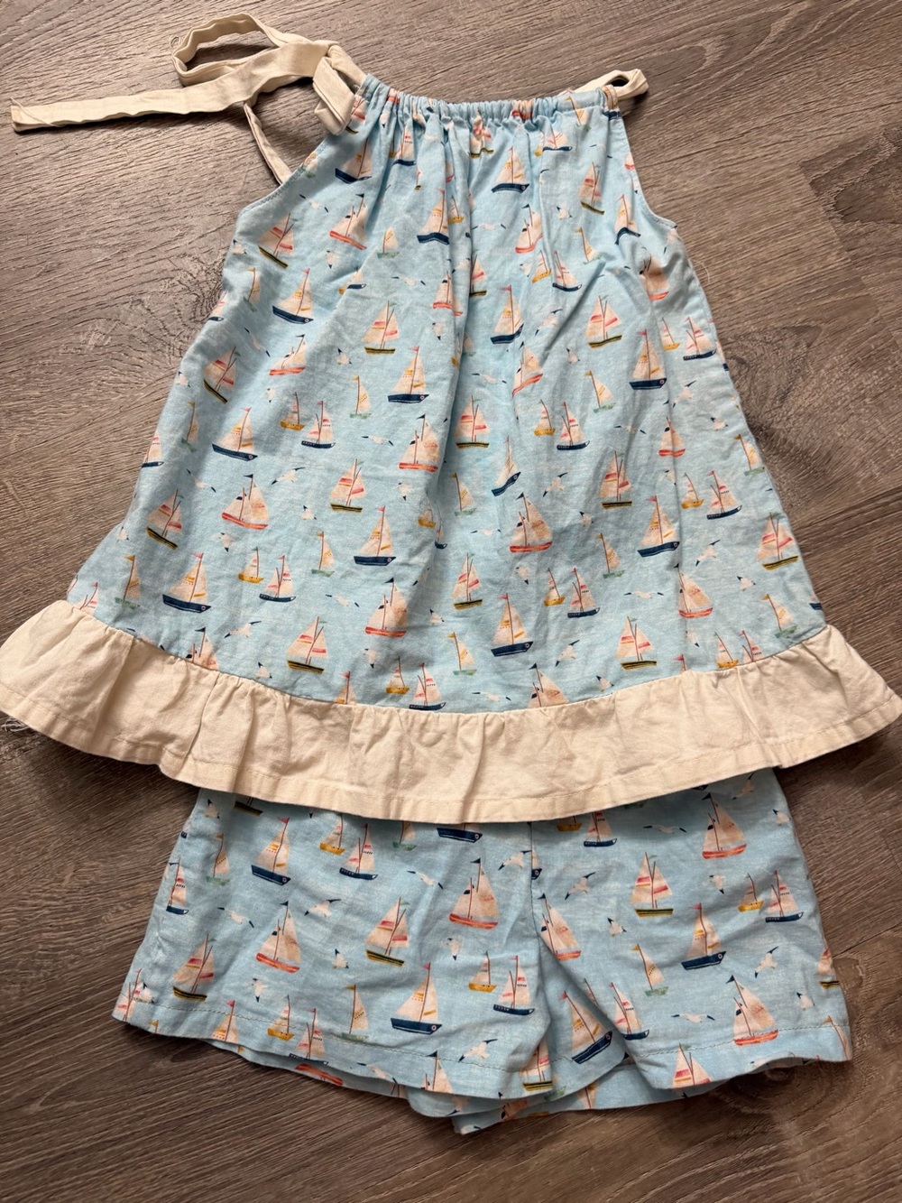 Light Blue Sailboat Kids Matching Set with Cream Trim